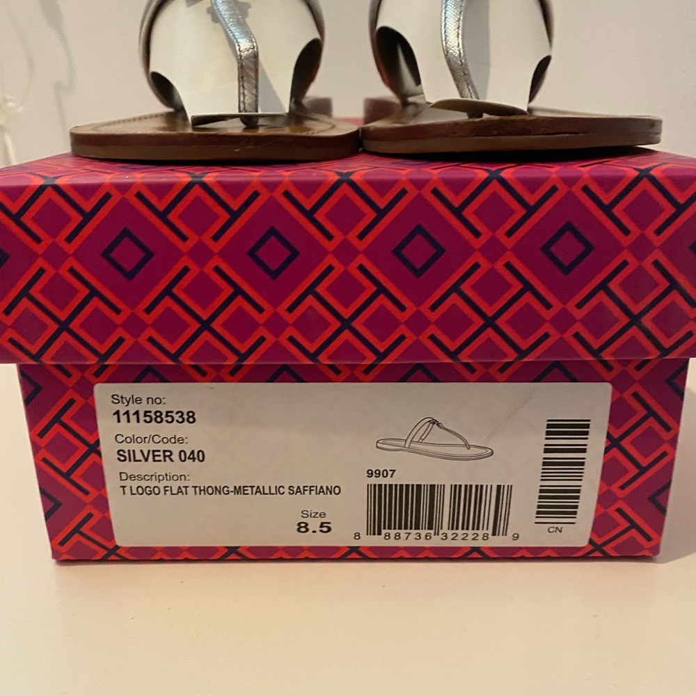 Tory Burch Silver T Logo Saffiano Flat Sandal